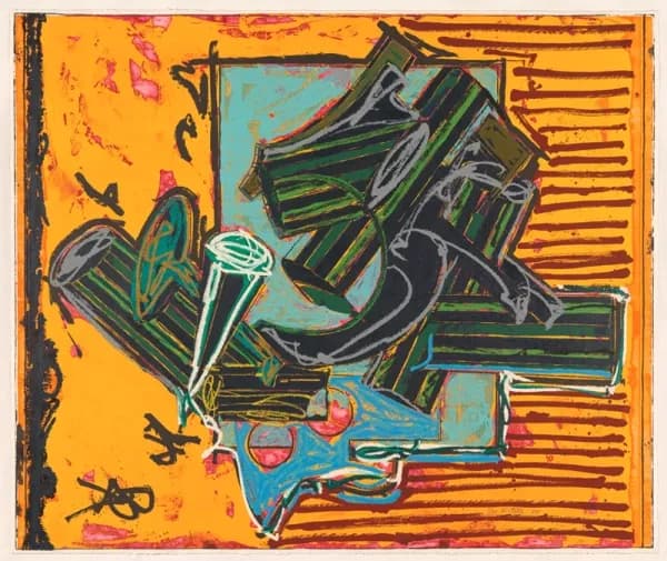 Abstract print in orange, green and black inks
