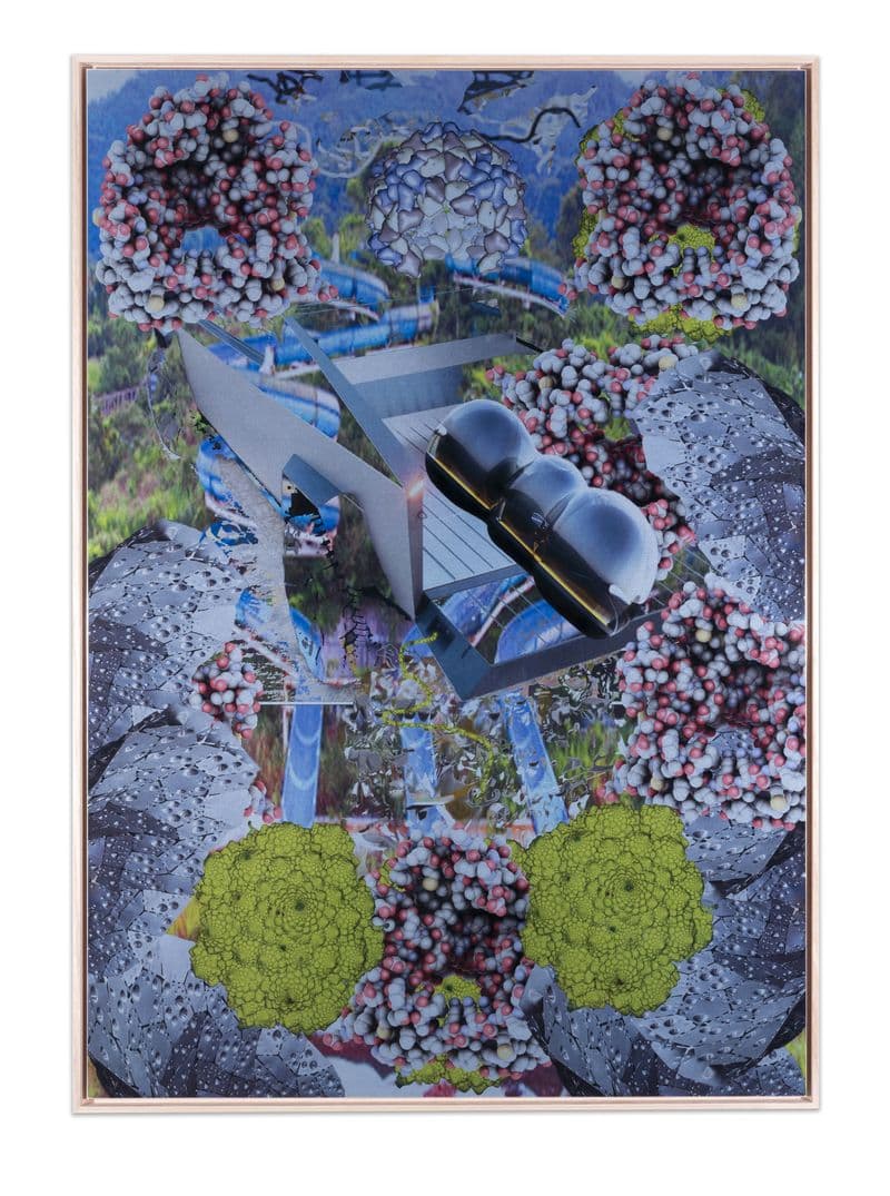 A work of contemporary collage with grey, blue and green colours and textures overlaid with images of green cauliflower, forests and polished metal