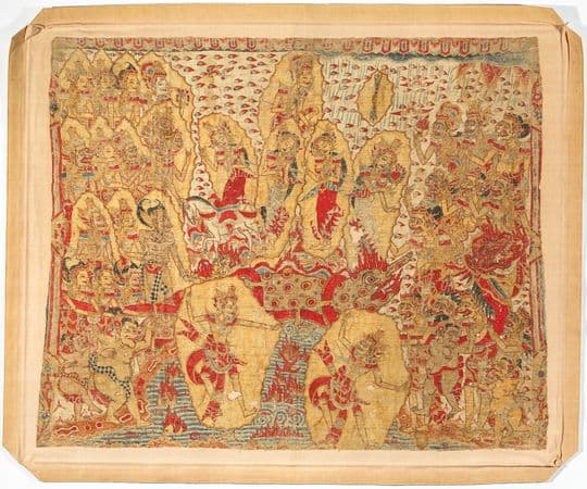 Highly decorative painting containing many wayang figures in gold and red.