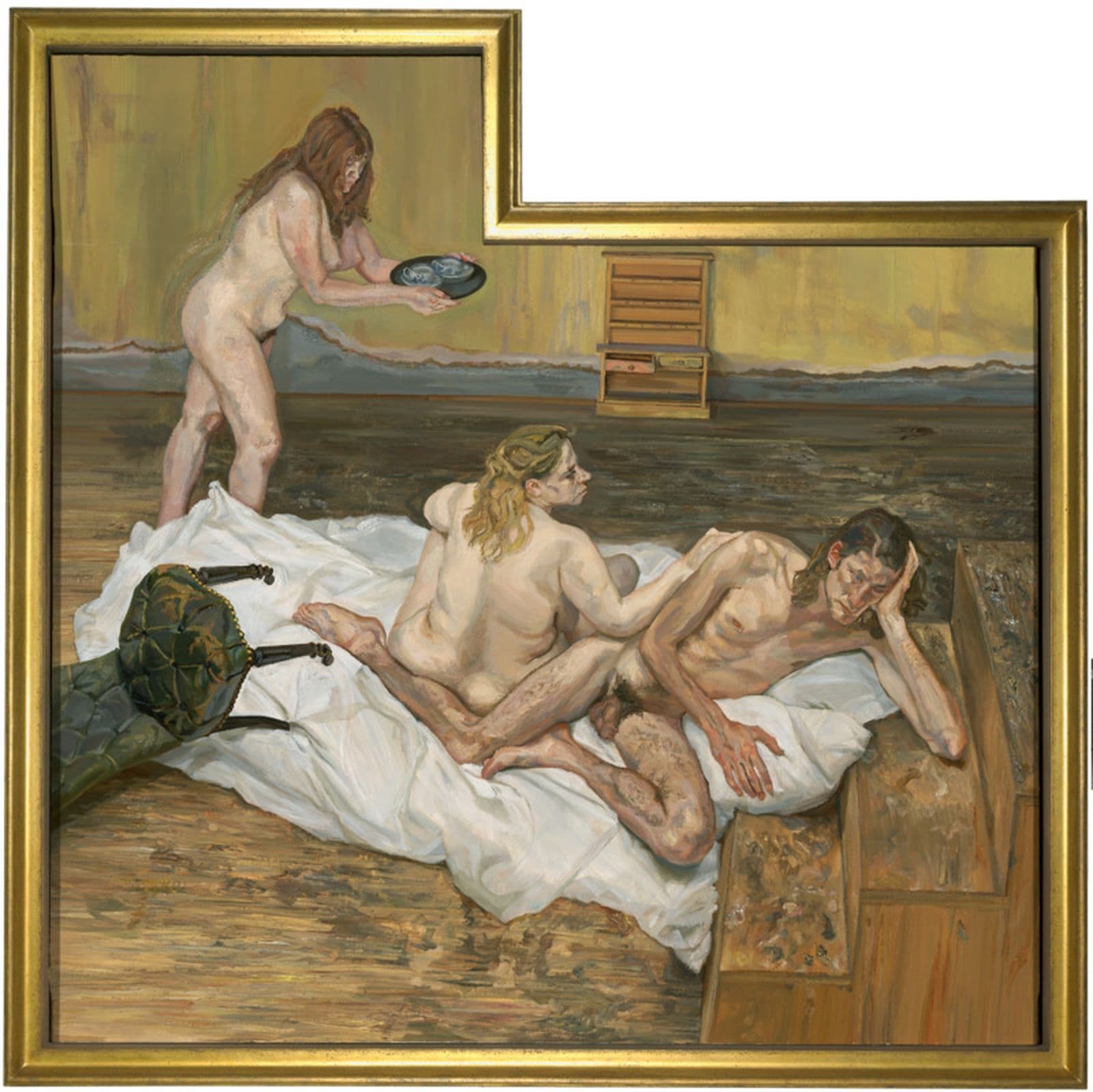 A painting of a nude man and woman disagreeing while another nude woman brings in a tray of tea