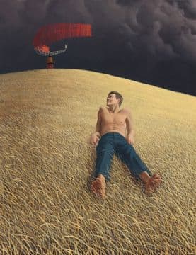 A painting of a man lying in a field of yellow grass on a hill. At the top of the hill stands a transmission tower in front of a stormy sky.