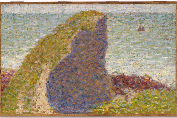 An oil painting study of a rocky shoreline at the base of the cliff