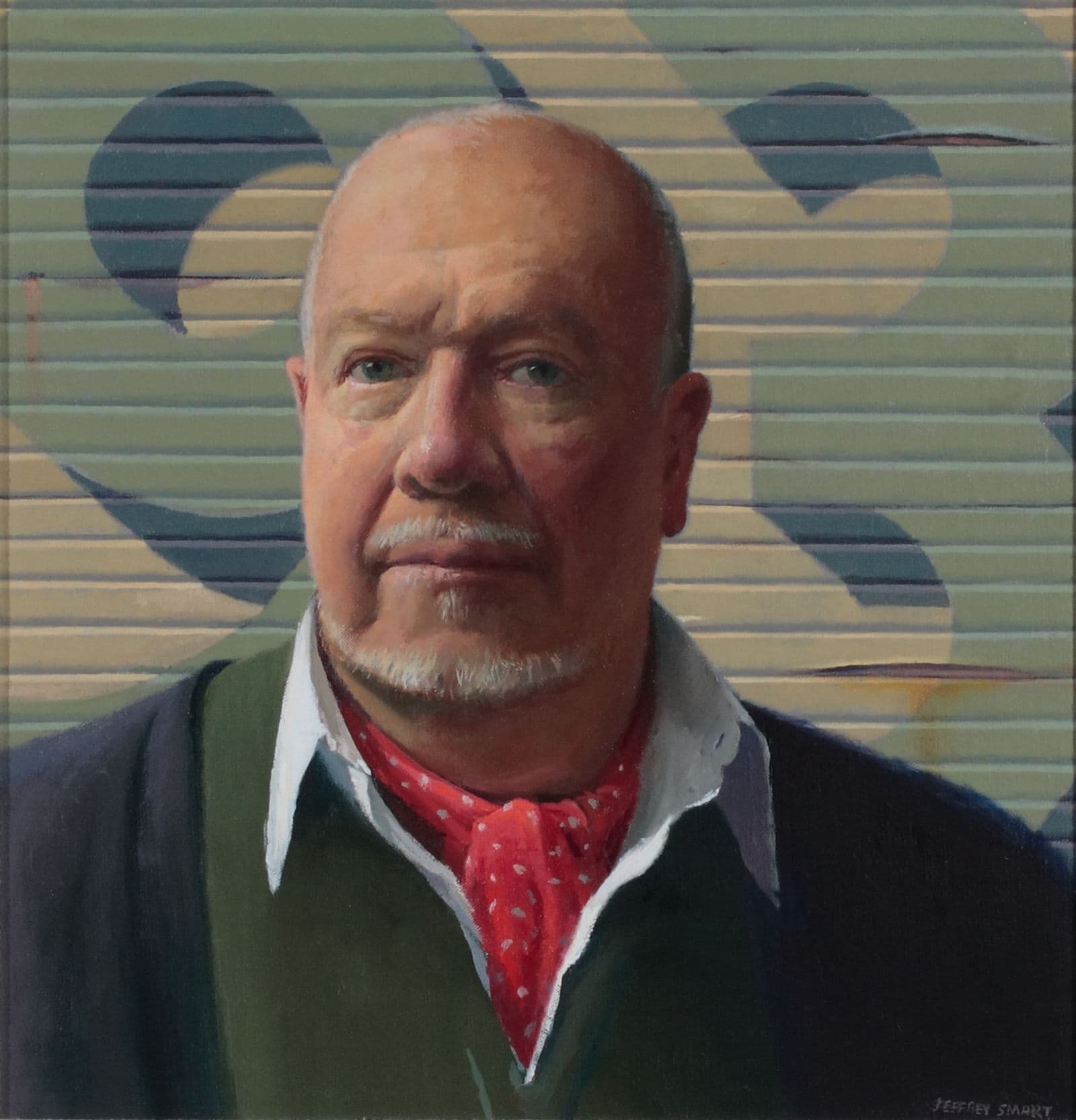 Painting of an older man wearing a white shirt green vest and navy blue jacket with a red and white spotted neck tie, standing in front of a textured wall