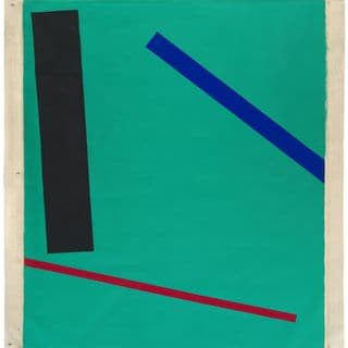 A painting of three thin coloured rectangles, one blue, one black, and one red, on top of a teal green background