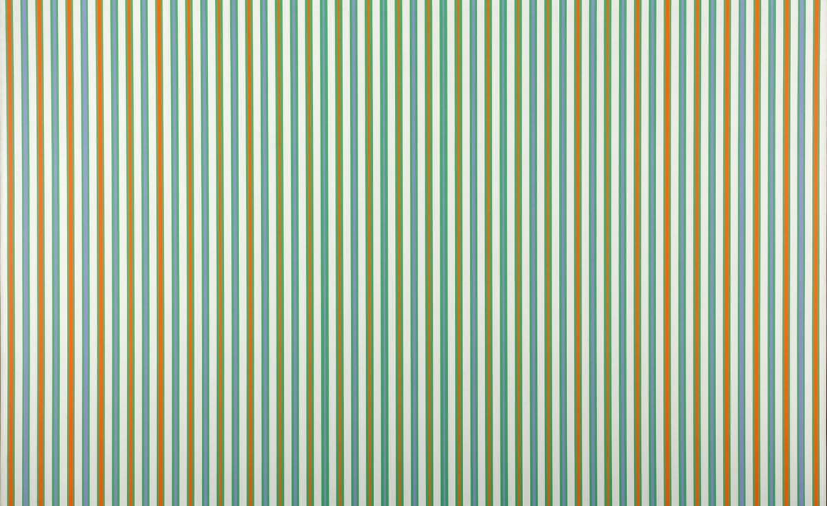 A geometric artwork with coloured lines in a vertical arrangement