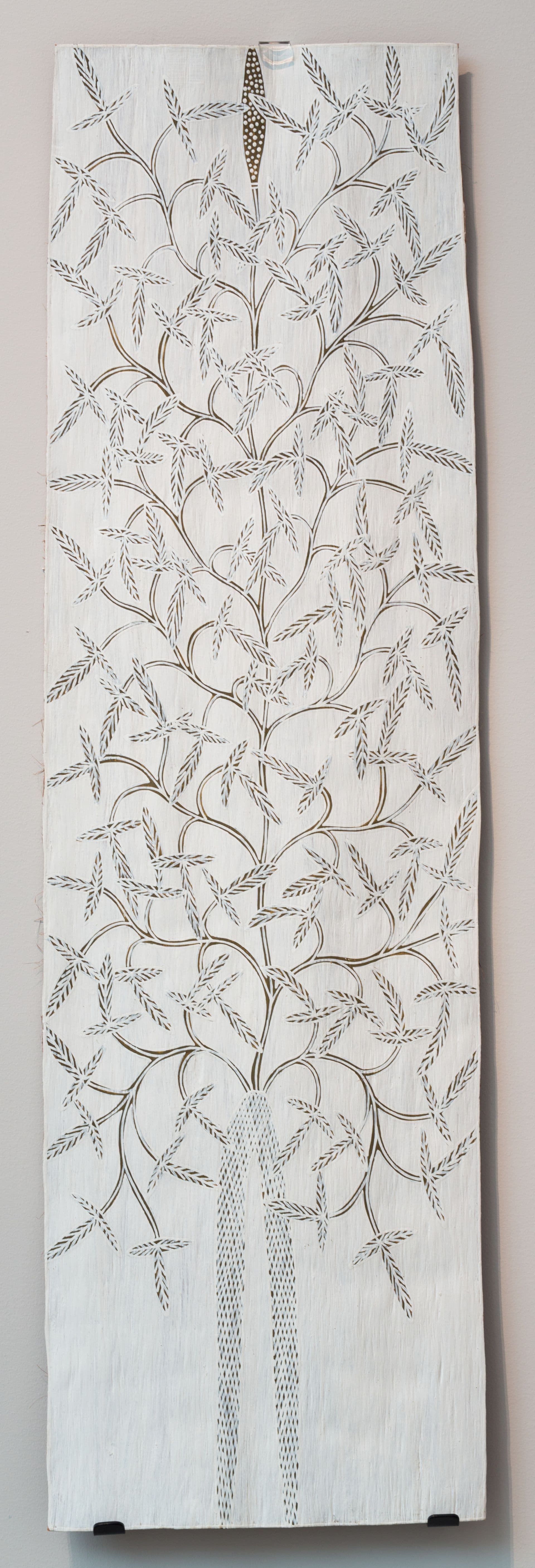 A painting of two men carrying a boat up a beach toward distant buildings