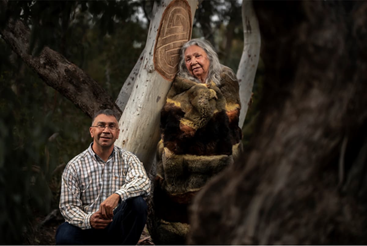 Two First Nations artists standing next to a scarred tree work of art