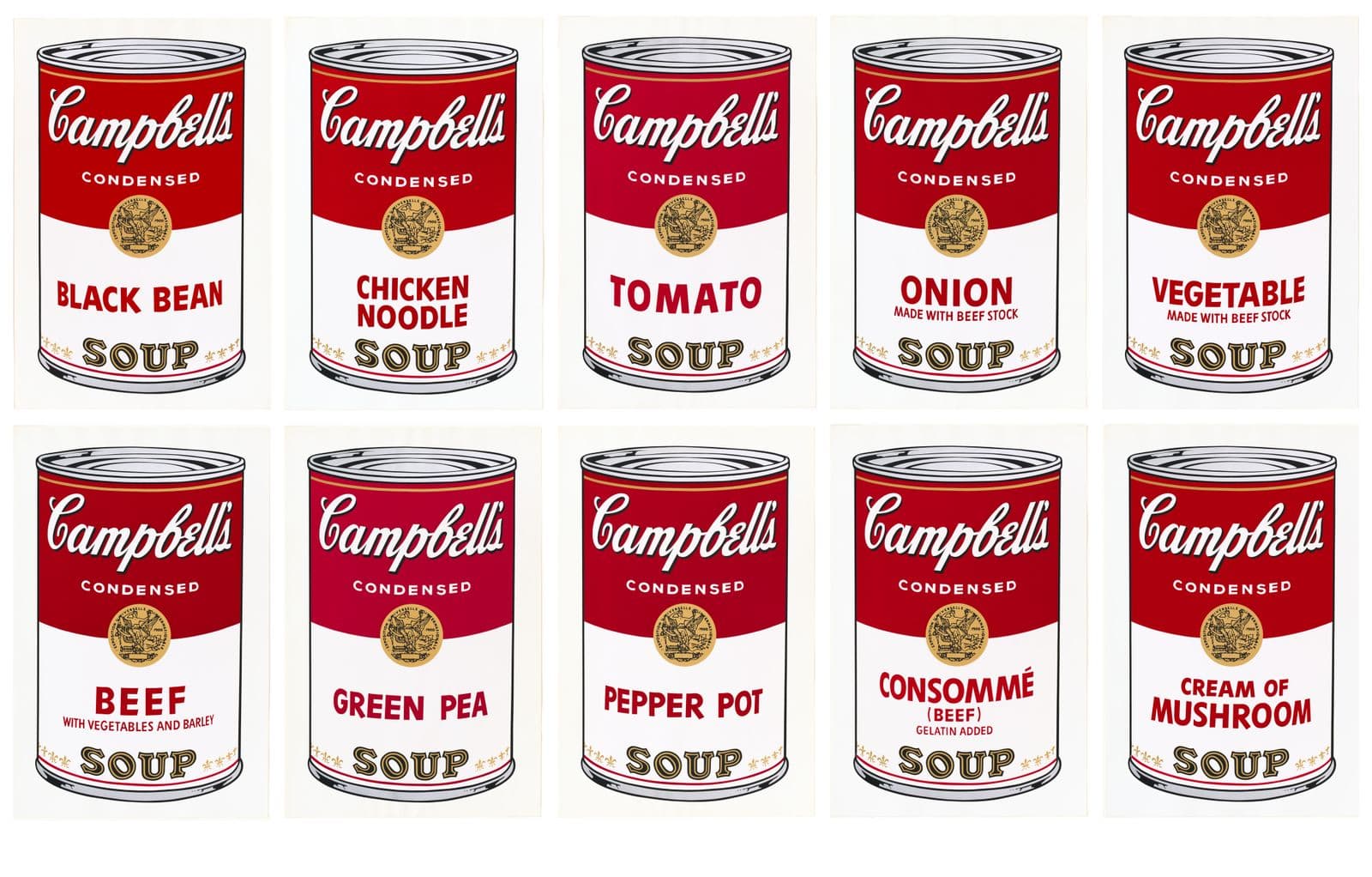 A print of ten Campbell's Soup cans in two rows of five