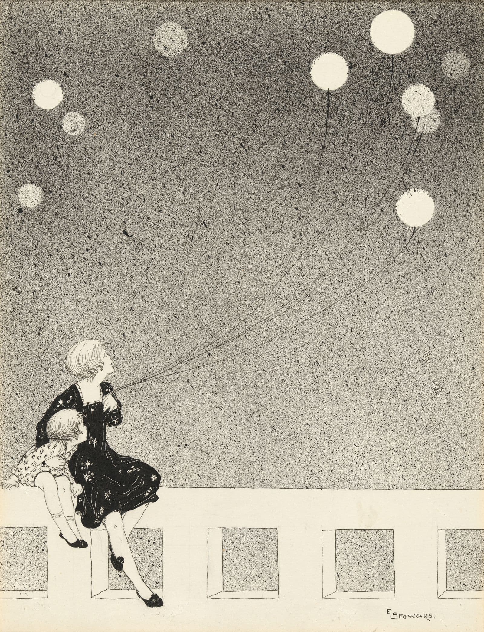 A black and white drawing of a woman and child watching several balloons floating in the air