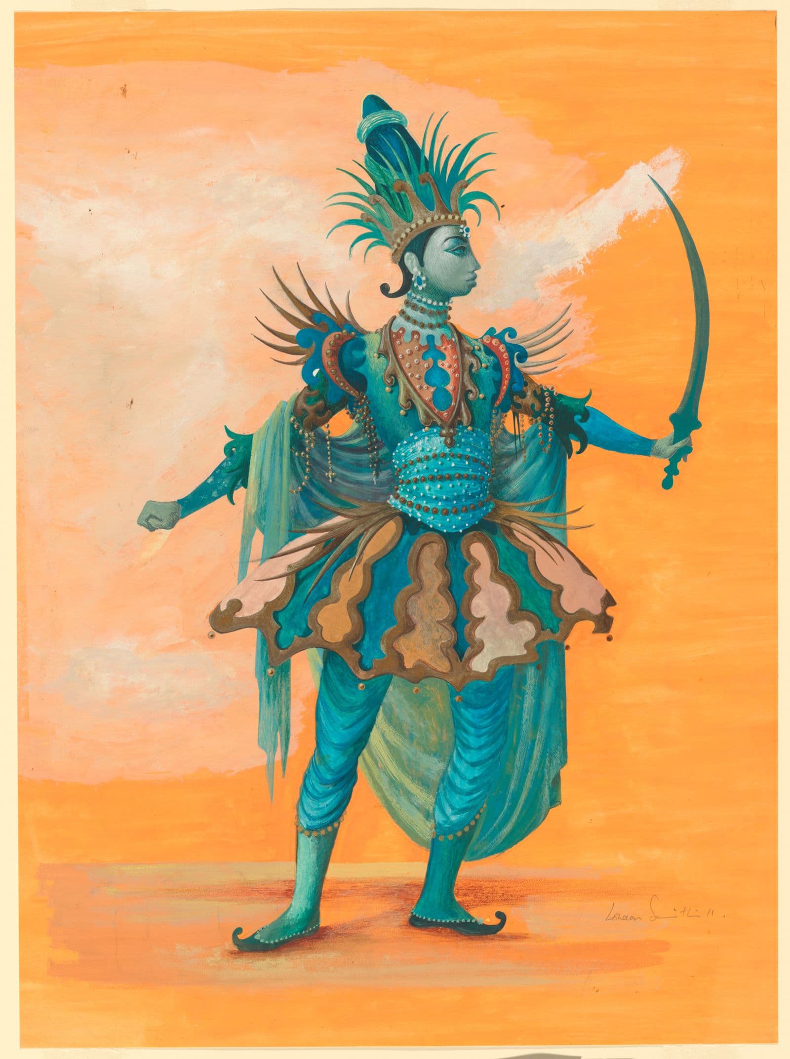 Elaborate costume design, inspired by Indian court attire. Blue in colour upon an orange background