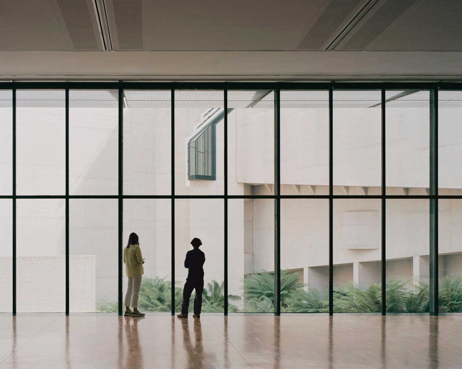 Two visitors gaze through the window from the inside of the National Gallery