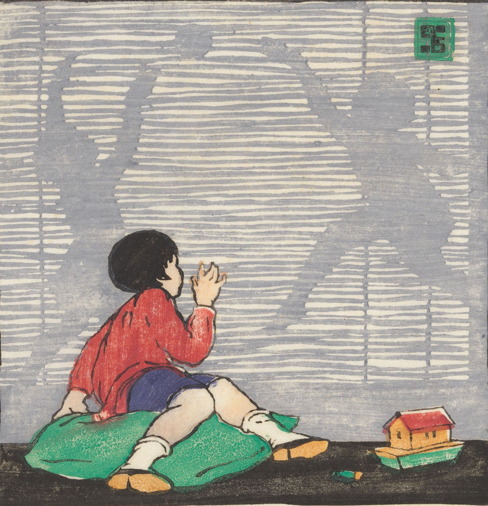 Linocut print of child watching the silhouette of other children playing behind a bamboo screen