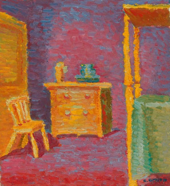 A picture of a chair and bedroom furniture drawn in oil pastels
