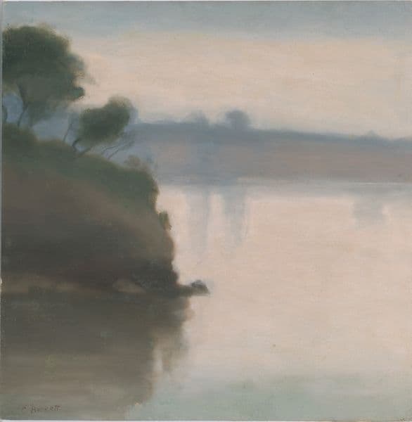A blurry painting of a seascape with rivers edge and tree hanging to the left.