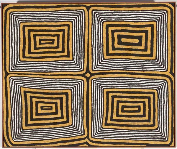 Indigenous painting depicting four sections of squares within squares