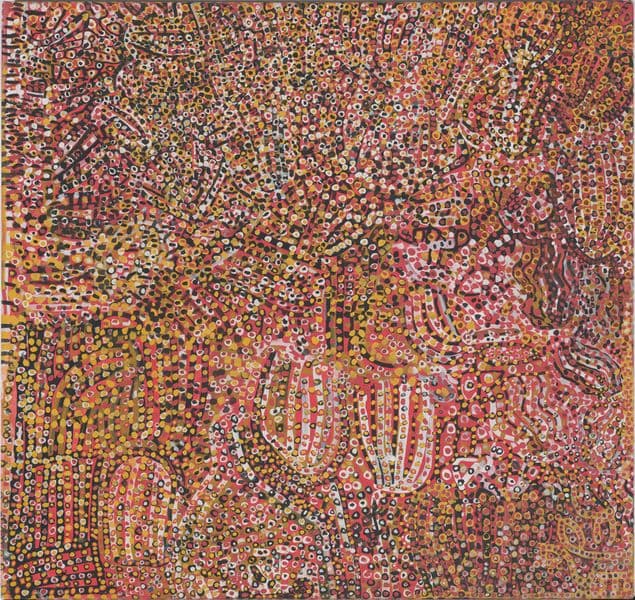 Painting of native grasses after the rain in pink, yellow, black, and white.