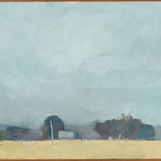 A painting of a light yellow field with a few dark trees under a large grey cloudless sky