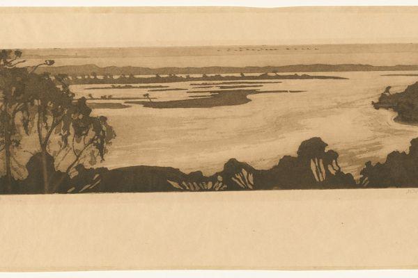 Black print of river and surrounding bushland on dark cream paper