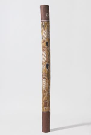 Tall, thin ochre pole with yellow, white, black ochre paintings of frill-necked lizards