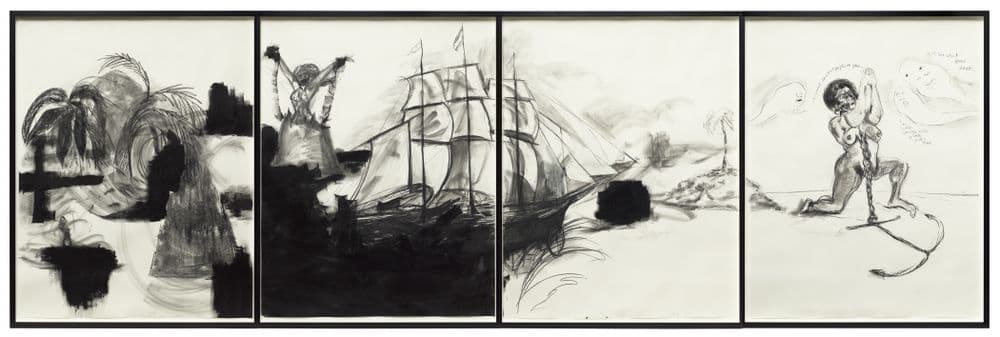 Four panels display sketches of a scene - a colonial slave ship and a negress in chains