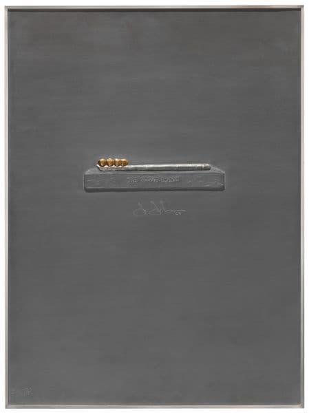 A lead relief - black background with a toothbrush imprint and four gold teeth as the bristles