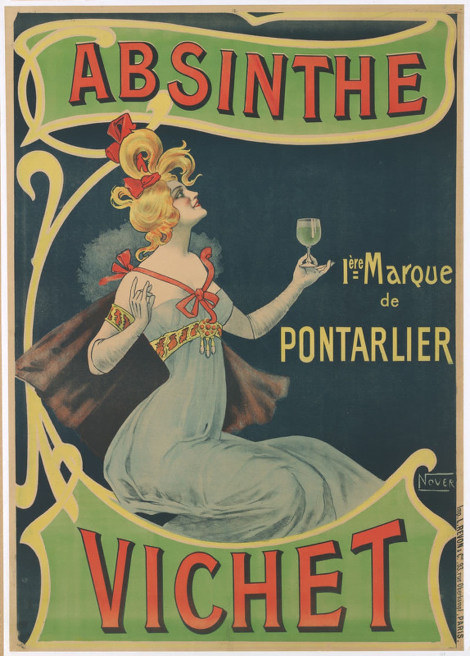 A lithograph poster of a woman enjoying a glass of absinthe and the words absinthe vichet are in red text against a green banner.