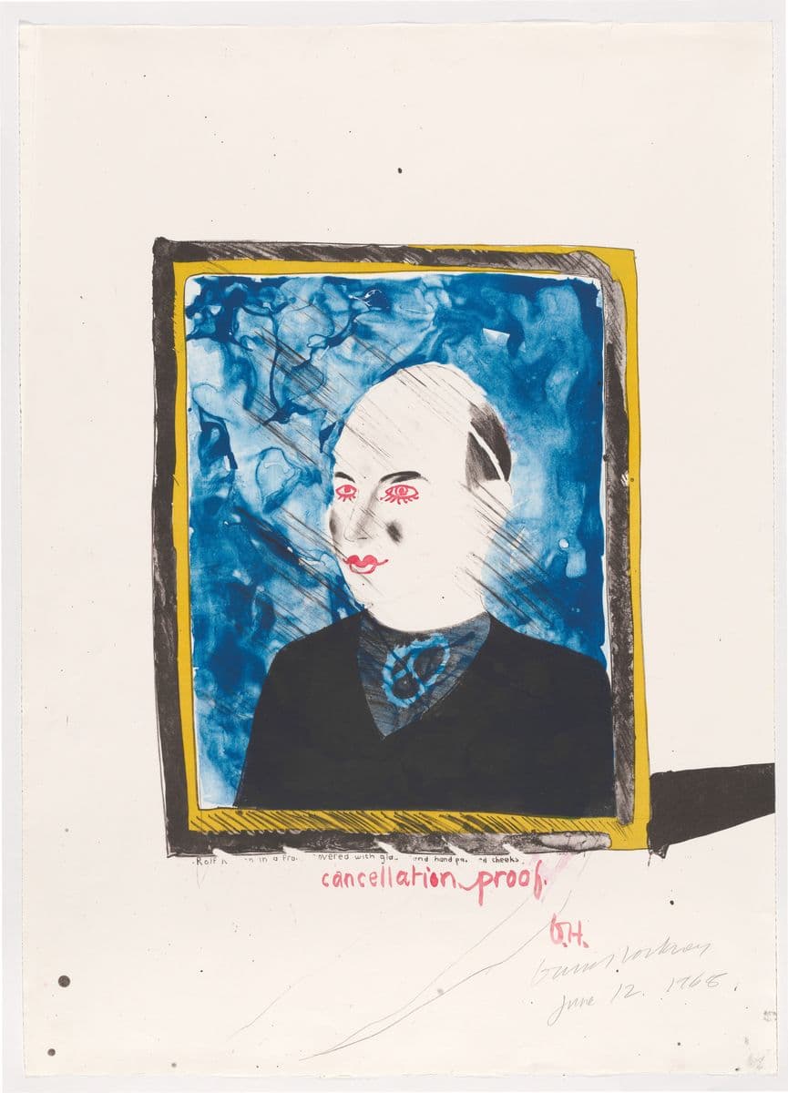 David Hockney's A portrait of Rolf Nelson print depicting a man in portraiture upon a blue background