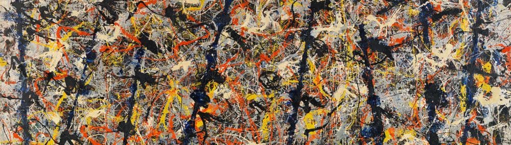 A painting consisting of splashes of multi coloured paint with large vertical stripes of dark blue paint.
