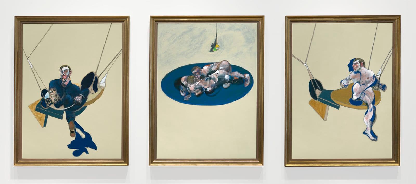 A set of three paintings with abstract human figures in hammocks.