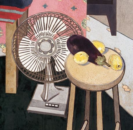 Still life woodblock painted in watercolour of a stool with three lemons and eggplant and an electric fan