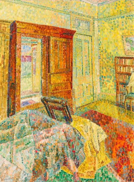 The interior of a bedroom with bookshelves, Window and Bed; painted in choppy strokes of yellow, green, blue and red