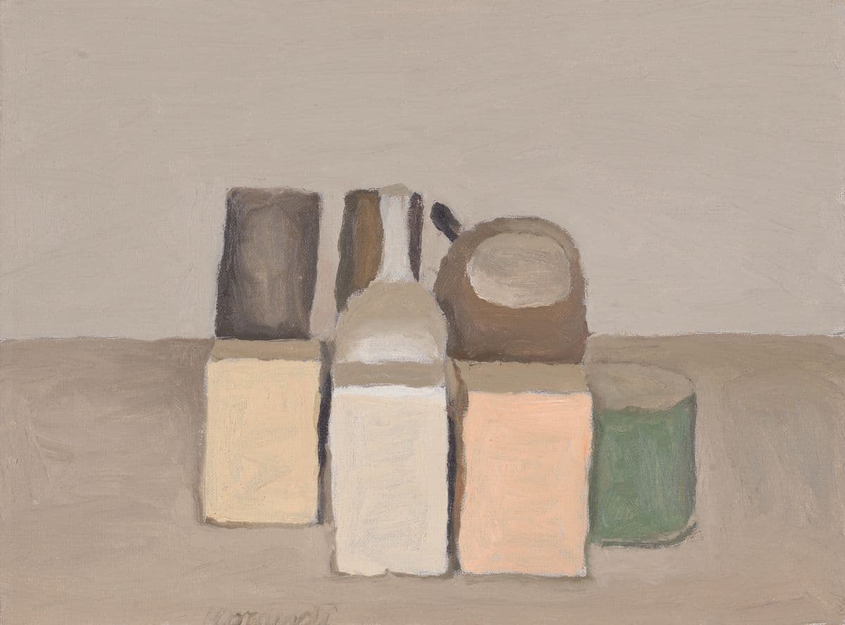 A still life picture in muted tones of various squares and mugs.