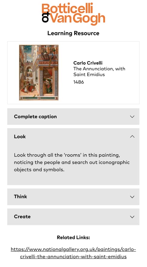 screen shot of a web page showing a thumbnail of a work of art and three drop down boxes for learning exercises and caption details