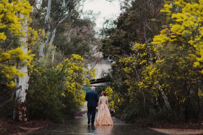 A couple are walking away from the camera in a lush garden with wattle and gum trees