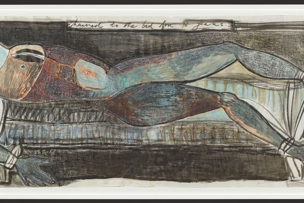 A picture of an abstract painting depicting someone chanined to a bed