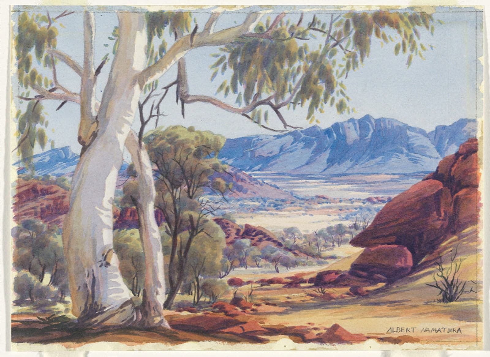 Landscape watercolour painting of Australian country with large gum tree on the left