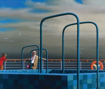 The tiled edge of an empty swimming pool is in the foreground and lower third of the painting, behind which a man leans on a boat railing dotted with lights. The sky behind is story.