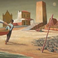 A painting of two men carrying a boat up a beach toward distant buildings