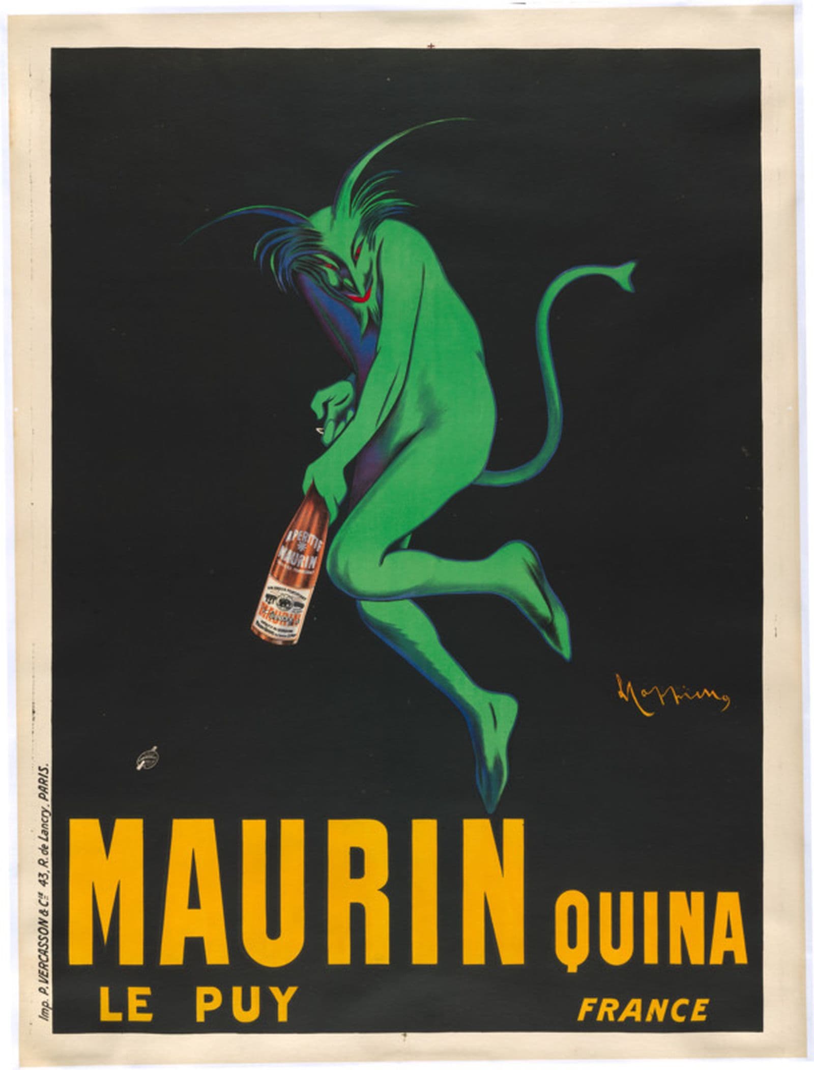 Print of a green goblin holding a bottle of alcohol upon a black background. Yellow text underneath reads Maurin Quina