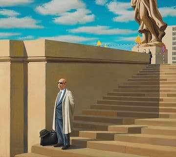 A bald man in a suit and jacket stands at the bottom of a concrete staircase next to a wall, both of which take up the lower two thirds of the painting. A lightly clouded summer sky is interrupted by the lower third of a large classical statue and an office building behind.