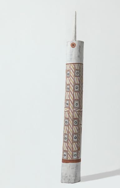 Traditional First Nations burial pole with sea urchin design and barracuda-like top protuberance