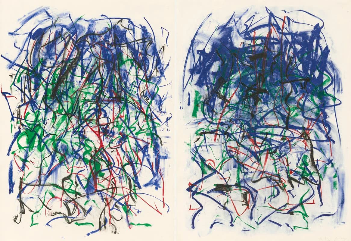 Abstract print in green, blue, and red.