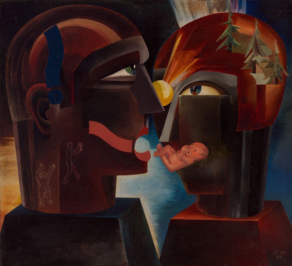 A painting. Two surrealist heads facing one another.