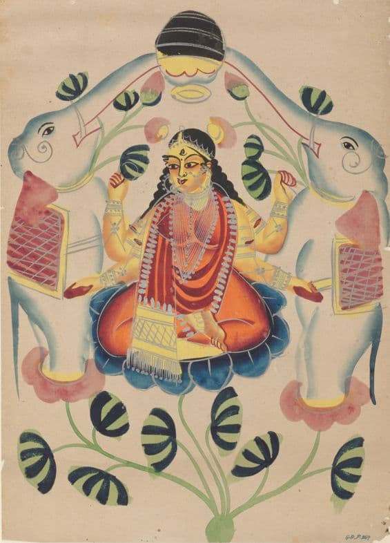 watercolour of the goddess Lakshmi sitting on a lotus throne with elephants on either side that sprinkle water from the holy River Ganges