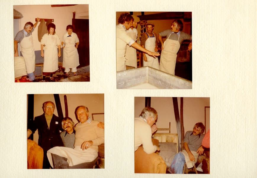 Scrapbook page with 4 photos of the artists working in a print studio