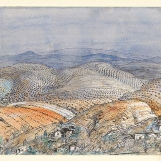 A drawing of light orange rolling hills with trees and a small town in the foreground and a light blue watercolour sky in the background