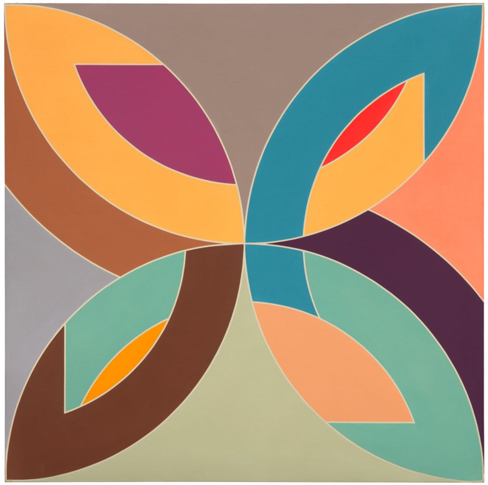 A multi-colour painting of four semi-circular arcs arranged in a floral geometric pattern