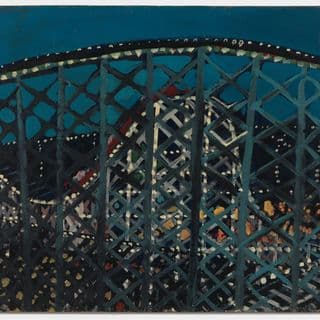 A painting of a rollercoaster at night