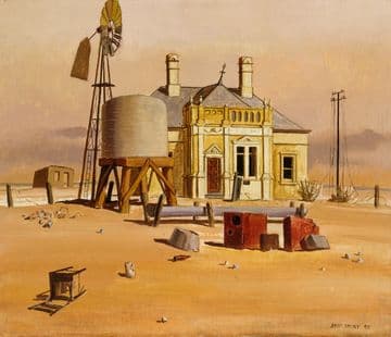 A painting of a pitch roofed house in barren and desolate landscape full of pipes and debris. A water tower and a power pole with broken cables frame the house.