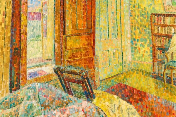 The interior of a bedroom with bookshelves, Window and Bed;  painted in choppy strokes of yellow, green, blue and red